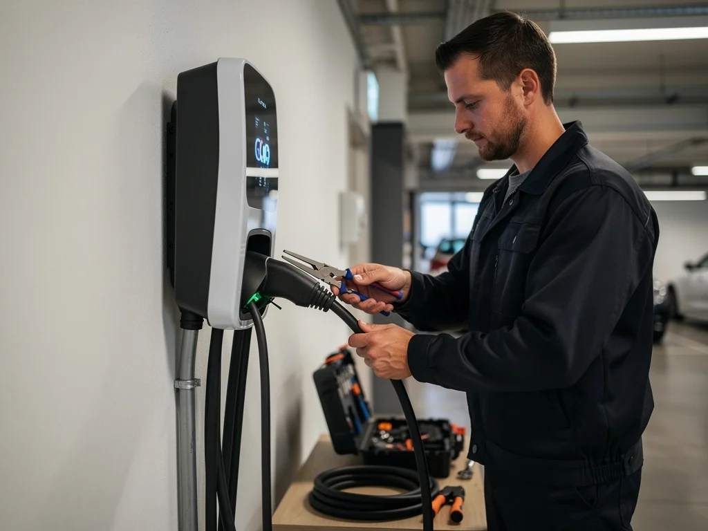 Électricien certifié IRVE raccordant une borne en entreprise